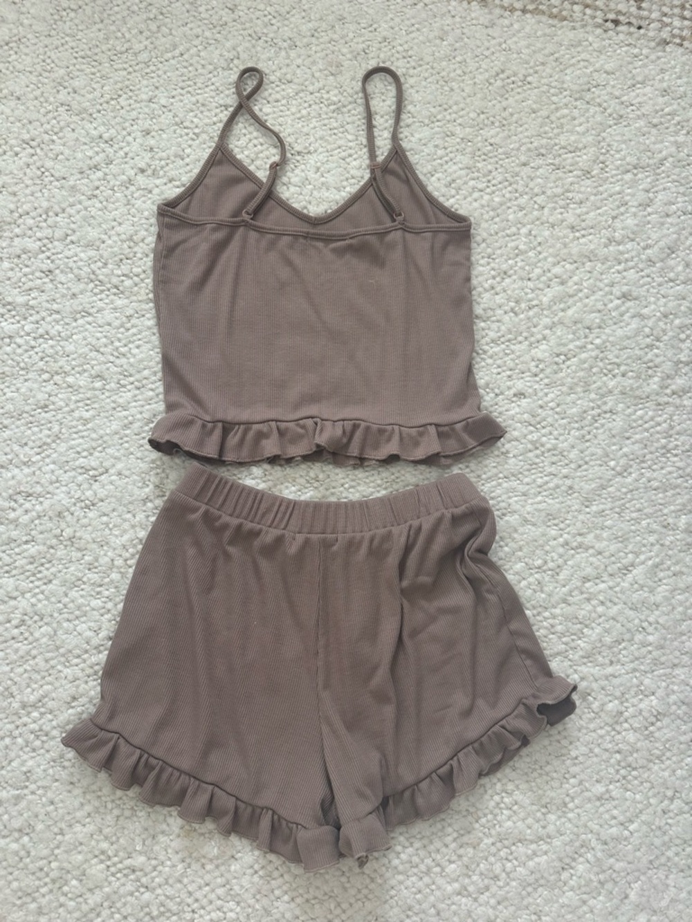 Ruffled Ribbed Tank & Shorts Set - Taupe - Picture 2 of 2